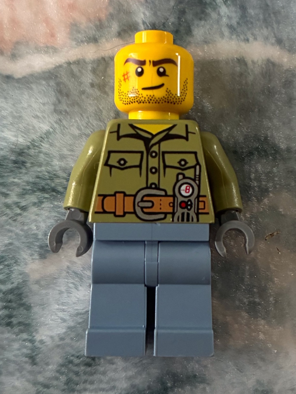 Lego Olive Jacket Minifigure with Yellow Head and Blue Legs